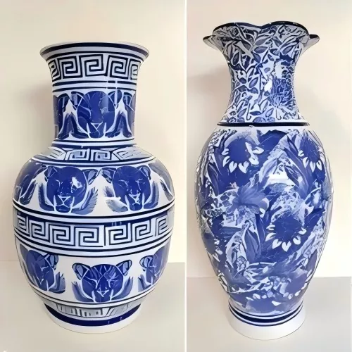 Modrá a bílá porcelánová váza